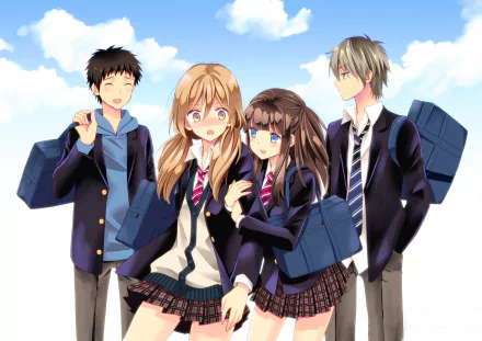 HD PC desktop wallpaper/background: Netsuzou TRap anime scene with Fujiwara, Takeda, Yuma Okazaki, and Hotaru Mizushina in school uniforms under a bright blue sky.