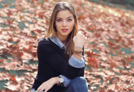 brunette lipstick leaf depth of field smile fall woman mood HD Desktop Wallpaper | Background Image