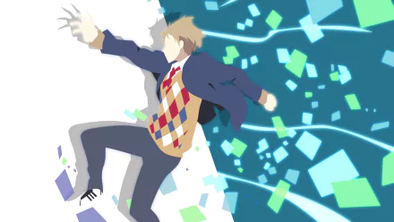 Stylized 8K Ultra HD anime wallpaper featuring Akihito Kanbara from Beyond the Boundary with dynamic pose and vibrant geometric background elements.