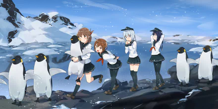 HD PC desktop wallpaper: Kantai Collection anime scene of Ikazuchi, Inazuma, Akatsuki and Hibiki on a snowy mountain shore, running and posing among penguins under a clear sky.