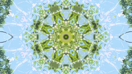 Abstract mandala manipulation: green-and-blue kaleidoscopic pattern forming a leafy starburst — HD PC desktop wallpaper background.