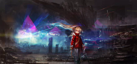 A blonde anime character dressed in a red sweater and headphones stands confidently in a dark, atmospheric landscape, wielding a weapon against a backdrop of colorful energy and geometric shapes.