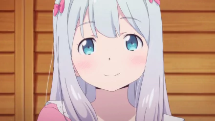 Close-up HD anime wallpaper of Sagiri Izumi with white hair, aqua eyes, and a blush, from EroManga-Sensei.