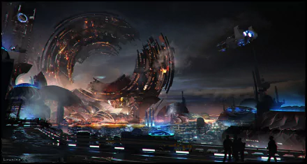 A futuristic sci-fi city at night with glowing lights under a dark sky, featuring advanced structures and flying vehicles in this HD PC desktop wallpaper.