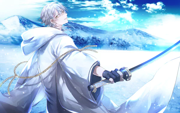 Tsurumaru Kuninaga from Touken Ranbu stands with a drawn sword against a snowy mountain backdrop in this HD anime PC desktop wallpaper.