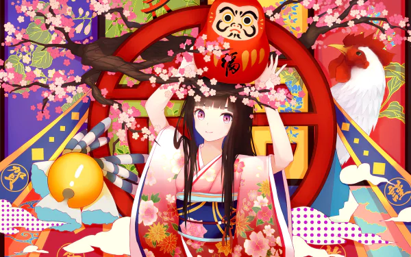4K Ultra HD PC desktop wallpaper of an original anime girl in a floral yukata, long dark hair and purple eyes, surrounded by cherry blossoms, a daruma, rooster and festive Japanese motifs.