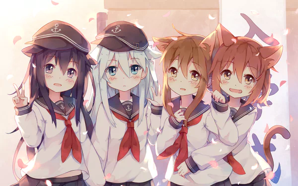 HD anime desktop wallpaper featuring Ikazuchi, Inazuma, Hibiki, and Akatsuki from Kantai Collection (Kancolle) in sailor uniforms with soft lighting.