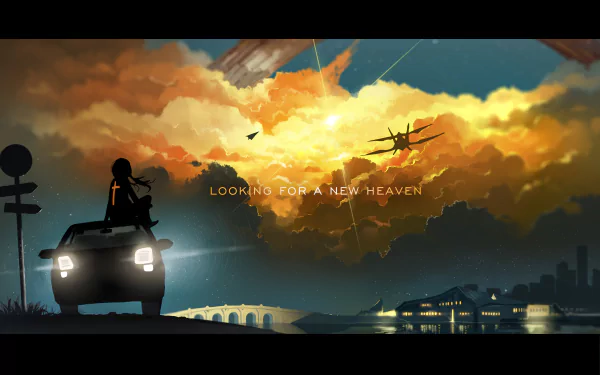 Anime-style HD desktop wallpaper depicting a sunset sky with clouds, light rays, airplanes, and a paper plane, featuring a silhouetted figure on a car.