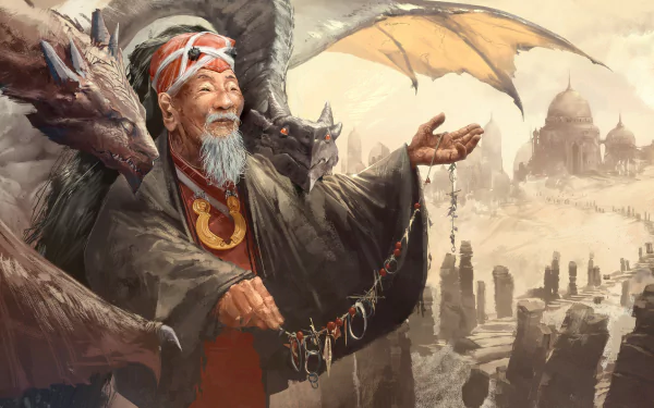 HD desktop wallpaper featuring an oriental shaman surrounded by dragons on a mystical path, with an enchanted fantasy building in the background.
