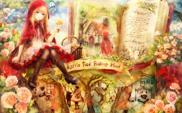 Fantasy Red Riding Hood Blonde Blue Eyes Book Flower Dress Hood Wallpaper