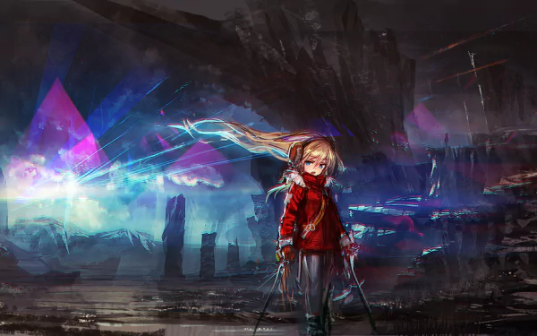 A blonde anime character dressed in a red sweater and headphones stands confidently in a dark, atmospheric landscape, wielding a weapon against a backdrop of colorful energy and geometric shapes.