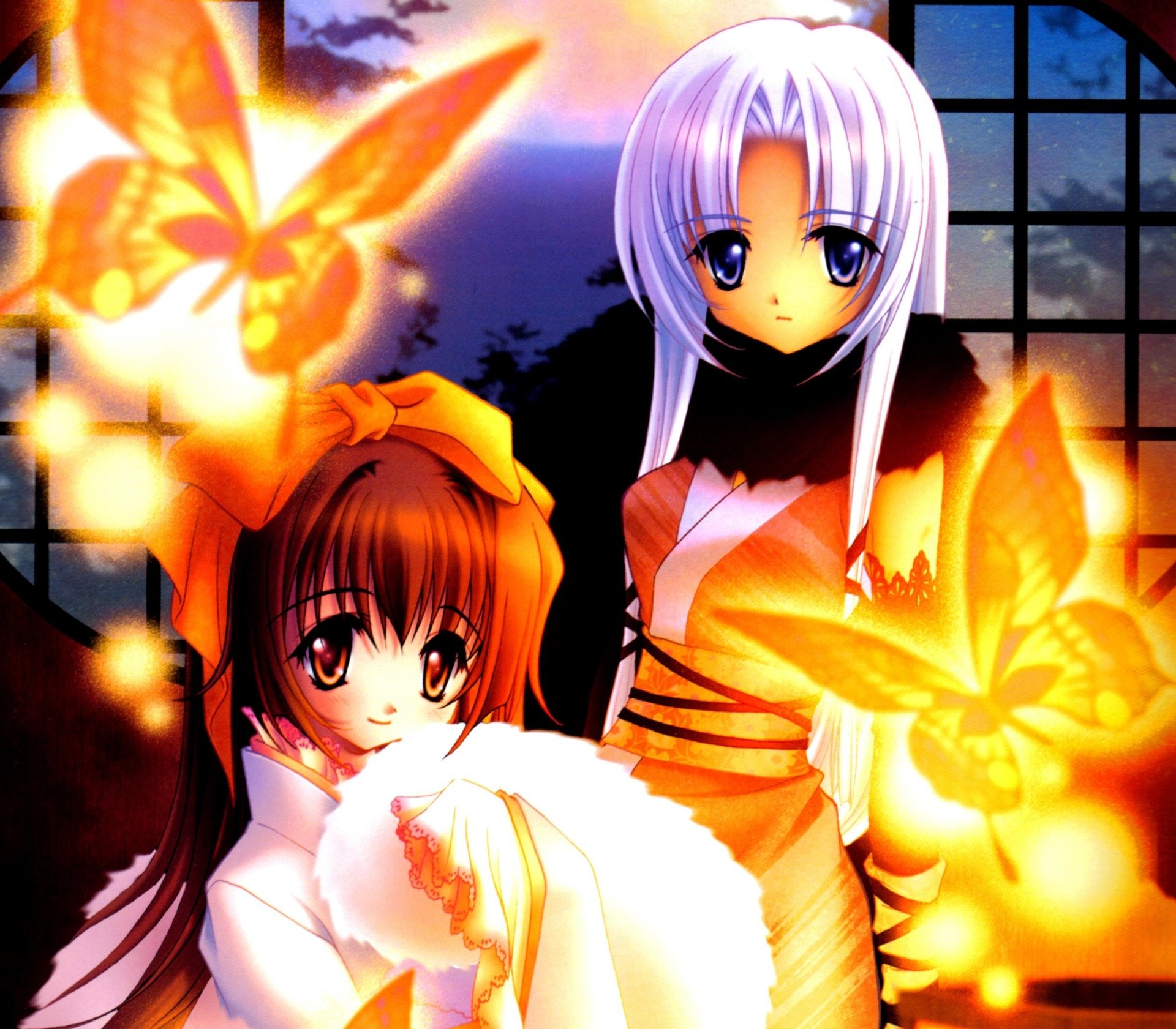 Download Brown Eyes Brown Hair Bow (Clothing) Blue Eyes White Hair Kimono Butterfly Smile Long Hair Anime Original HD Wallpaper by Nishiwaki Yuuri