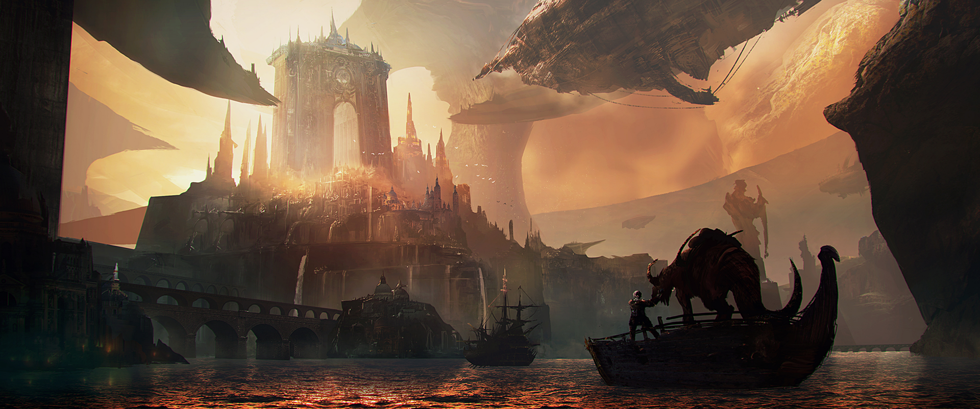 A captivating HD desktop wallpaper depicting a fantastical city with towering buildings, multiple ships on the water, and a dramatic sky, creating an epic, otherworldly atmosphere.