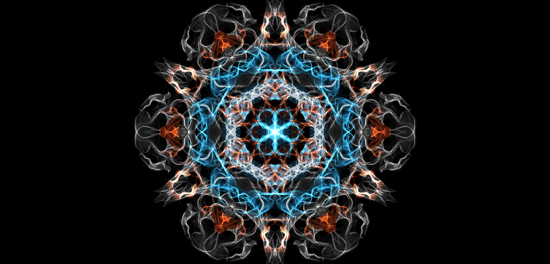 Intricate fractal mandala with glowing blue and orange patterns forming a symmetrical abstract design, created by generative art for an HD PC desktop wallpaper.
