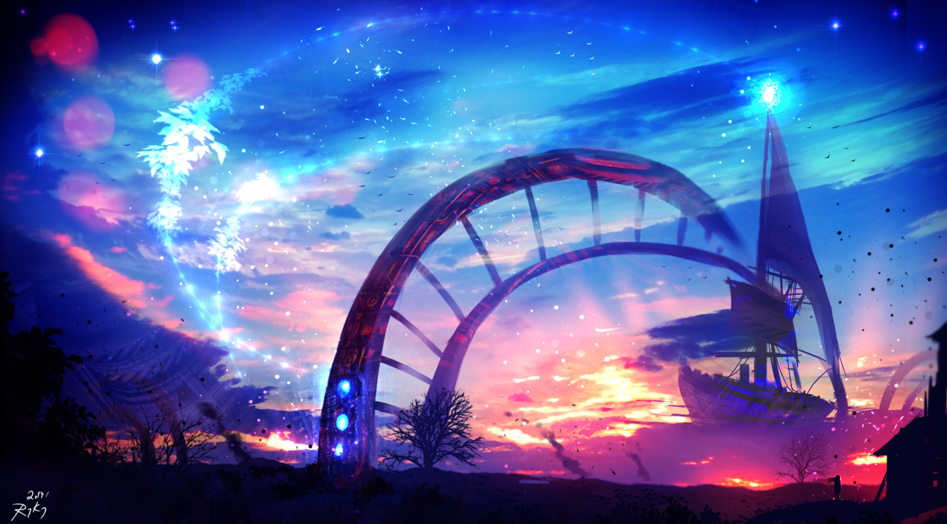 HD fantasy anime wallpaper featuring a ship sailing through a magical sunset sky with vibrant clouds, a large celestial ring, and ethereal lighting.