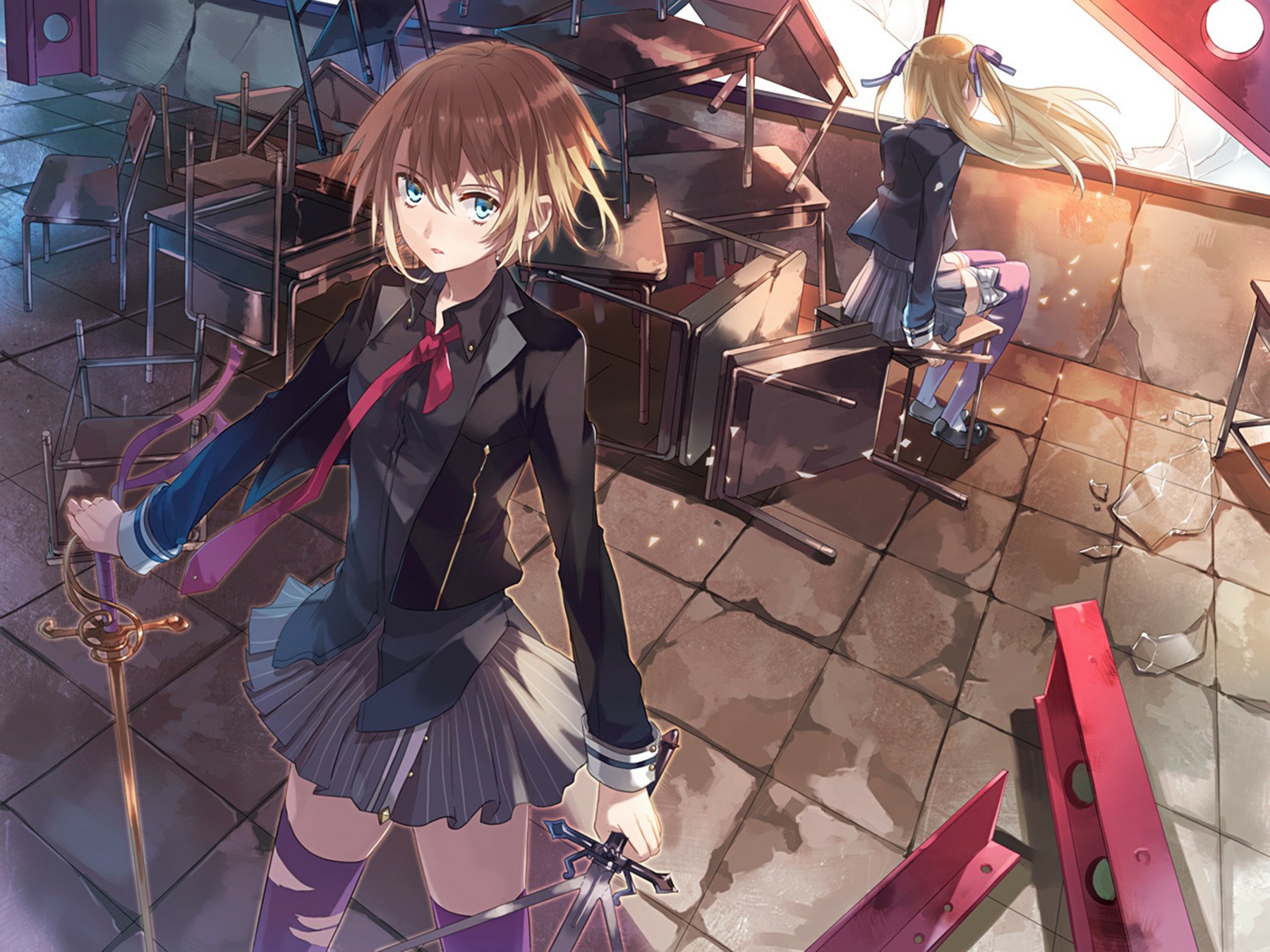 Anime original HD PC wallpaper: two schoolgirls in uniforms in a sunlit classroom — short-haired blue-eyed girl with a sword in foreground, long blonde-haired girl seated in background.