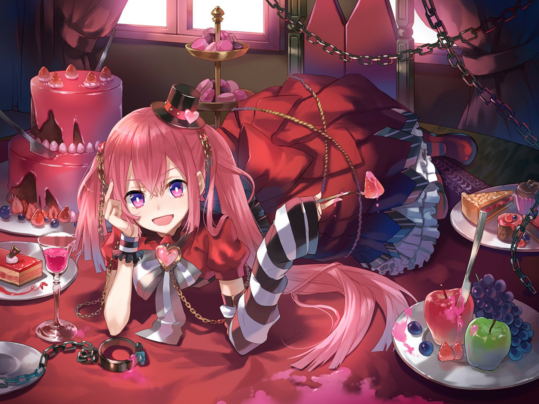 Anime character with pink hair and eyes, wearing a dress with a hat and chain, surrounded by drinks, cakes, and fruit. The HD wallpaper image has vibrant colors and intricate details.
