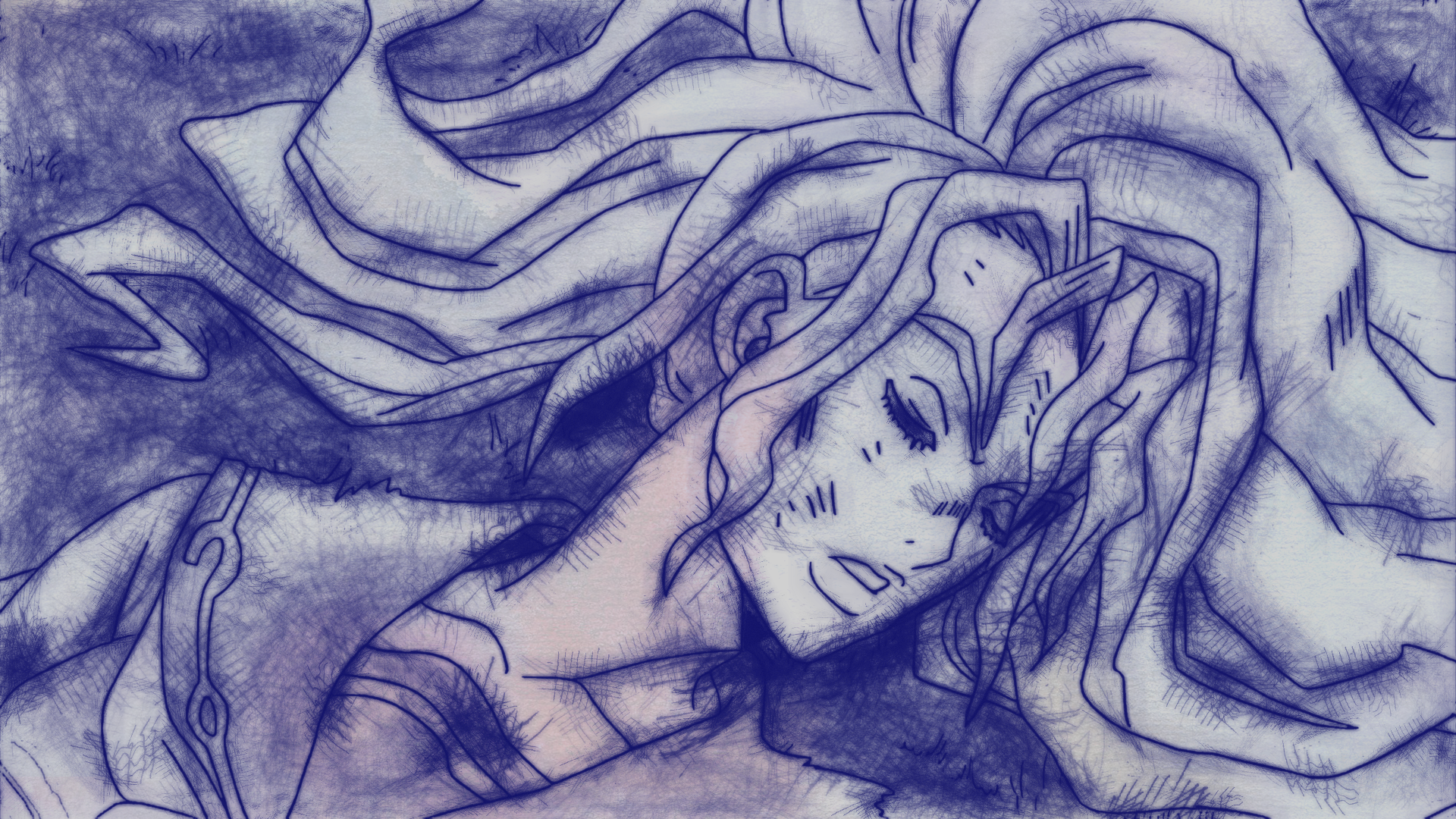Sketch-style HD PC desktop wallpaper of Yukako Yamagishi from JoJo's Bizarre Adventure—close-up of her peaceful, reclining face with long, flowing hair in blue tones.