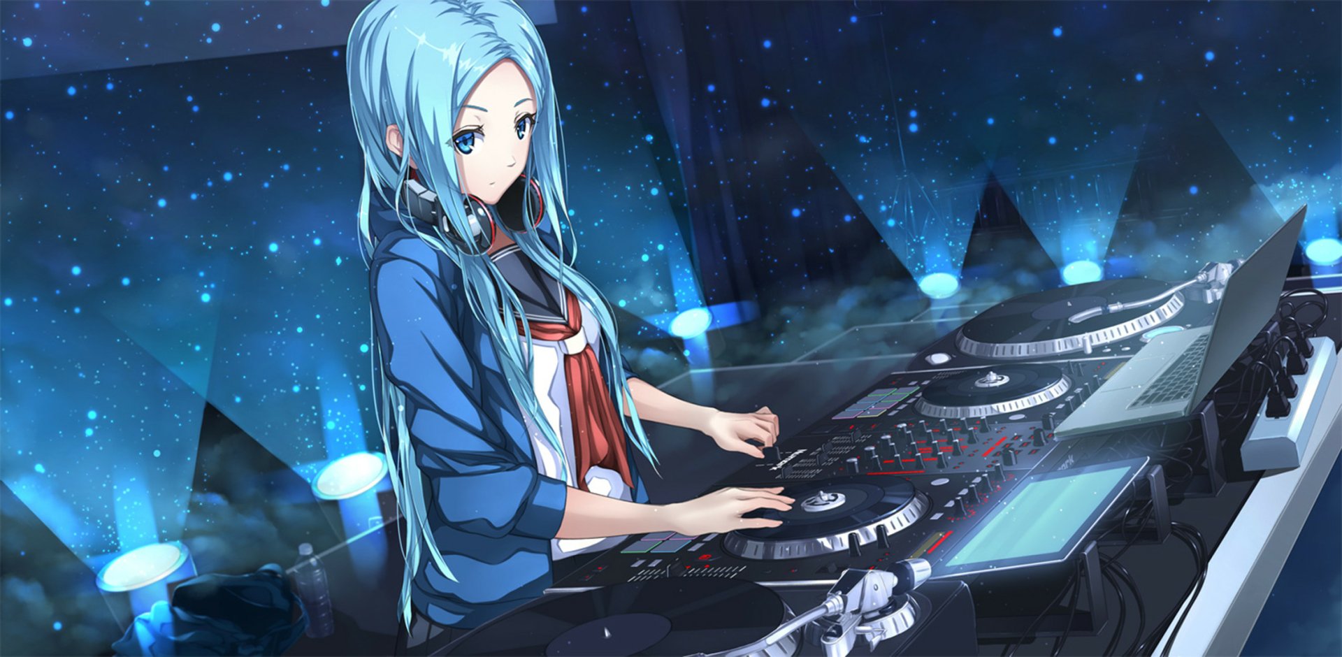 Anime-inspired image of a DJ with blue hair and blue eyes, wearing a school uniform, focused on a laptop amidst vibrant lights, set against a dynamic backdrop.