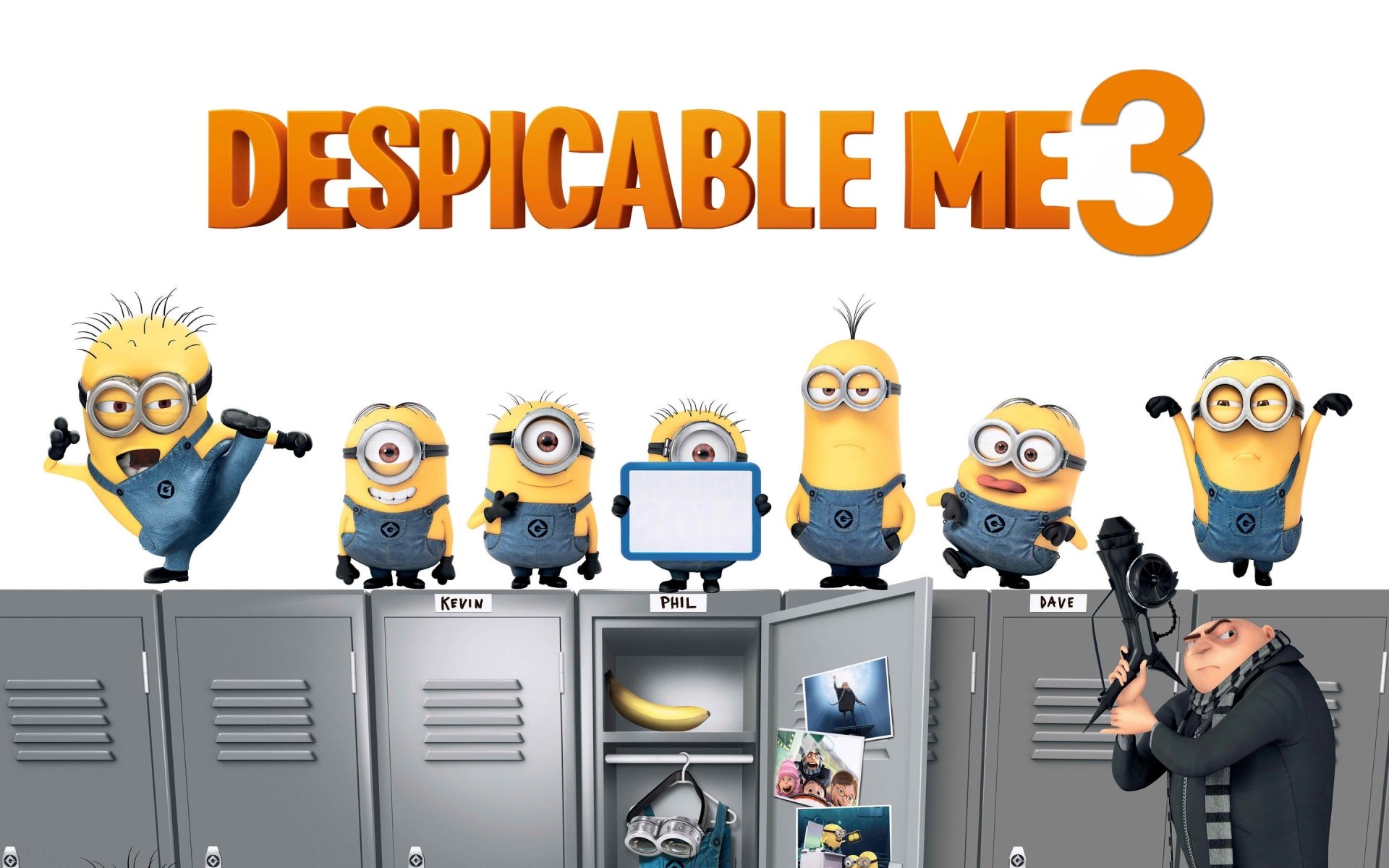 HD wallpaper featuring Gru and Minions from the movie Despicable Me 3, with Minions on lockers and Gru holding a gadget.