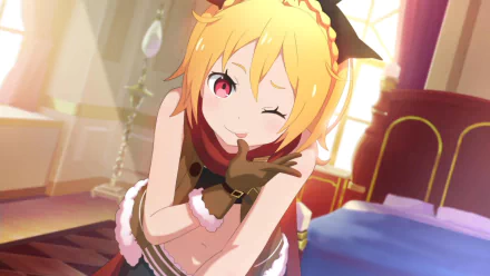 Felt from Re:Zero — playful anime HD PC desktop wallpaper: winking and blowing a kiss in a sunlit bedroom, warm colors and soft lighting.