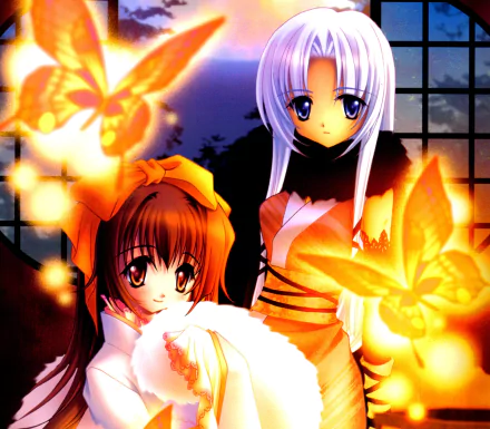 brown eyes brown hair bow (Clothing) blue eyes white hair kimono butterfly smile long hair Anime Original HD Desktop Wallpaper | Background Image