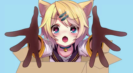 HD desktop wallpaper of Rin Kagamine, an anime Vocaloid character with cat ears, reaching out from a cardboard box, expressing a cute and surprised emotion.