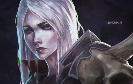 Close-up of a white-haired woman warrior with blue eyes, depicted as the Necromancer from Diablo III in a 4K Ultra HD video game wallpaper.