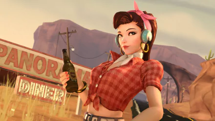 D.Va from Overwatch in a 4K Ultra HD wallpaper, dressed in a retro outfit, holding a soda bottle with a desert diner background.