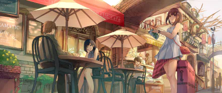 Anime-style HD desktop wallpaper depicting people with brown hair in dresses at a sunny street cafe under large umbrellas, capturing a lively original scene.