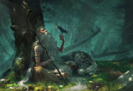 A fantasy-themed HD wallpaper featuring a bearded shaman with tattoos, holding a staff, with a crow on his hand and a wolf beside him, set in a mystical forest.