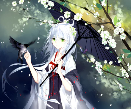 Anime girl with white hair and green eyes, holding a black umbrella decorated with flowers, stands amidst cherry blossoms, while a bird perches on her hand. HD desktop wallpaper and background.