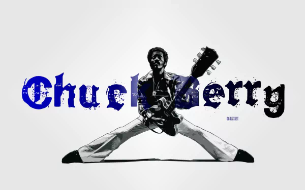 HD desktop wallpaper featuring iconic Rock & Roll musician Chuck Berry playing guitar in a dynamic pose, highlighting his legacy as a singer and guitarist.