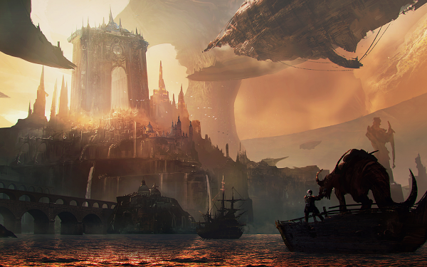 Fantasy City Building Water Ship HD Wallpaper | Background Image