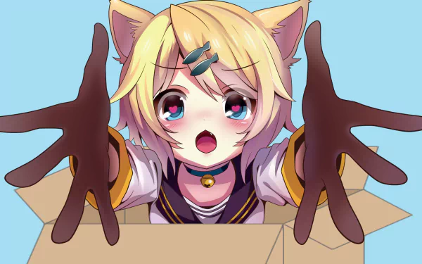 HD desktop wallpaper of Rin Kagamine, an anime Vocaloid character with cat ears, reaching out from a cardboard box, expressing a cute and surprised emotion.