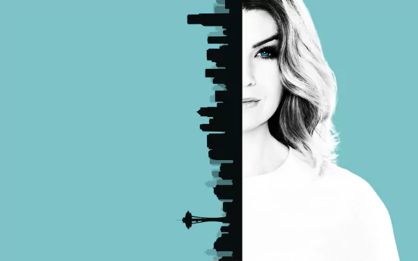 HD desktop wallpaper of Grey's Anatomy featuring a split image of a woman's face and a city skyline on a blue background.