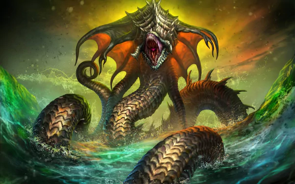 Dark fantasy sea monster with fierce features rises from stormy ocean waves, creating a striking HD PC desktop wallpaper in a mysterious, intense atmosphere.