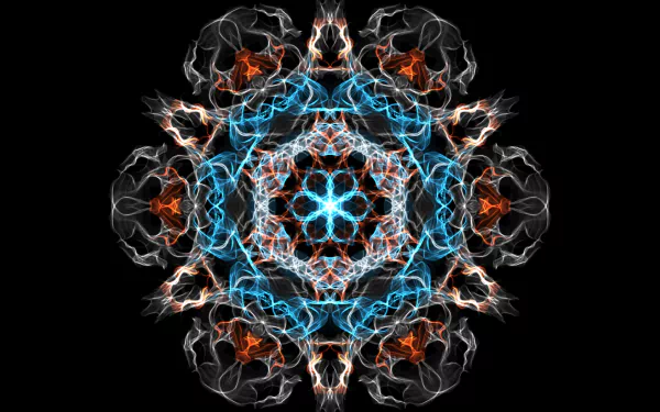 Intricate fractal mandala with glowing blue and orange patterns forming a symmetrical abstract design, created by generative art for an HD PC desktop wallpaper.