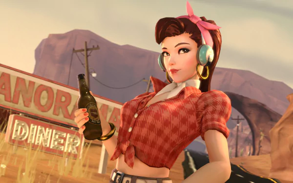 D.Va from Overwatch in a 4K Ultra HD wallpaper, dressed in a retro outfit, holding a soda bottle with a desert diner background.
