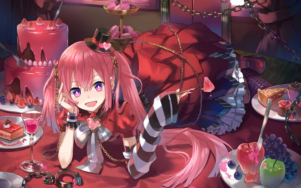 Anime character with pink hair and eyes, wearing a dress with a hat and chain, surrounded by drinks, cakes, and fruit. The HD wallpaper image has vibrant colors and intricate details.