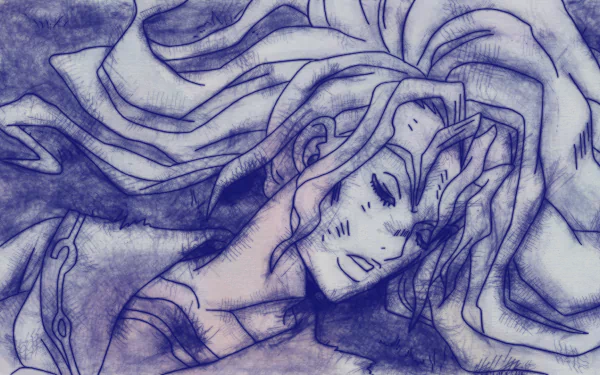 Sketch-style HD PC desktop wallpaper of Yukako Yamagishi from JoJo's Bizarre Adventure—close-up of her peaceful, reclining face with long, flowing hair in blue tones.
