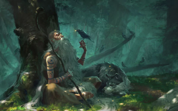 A fantasy-themed HD wallpaper featuring a bearded shaman with tattoos, holding a staff, with a crow on his hand and a wolf beside him, set in a mystical forest.