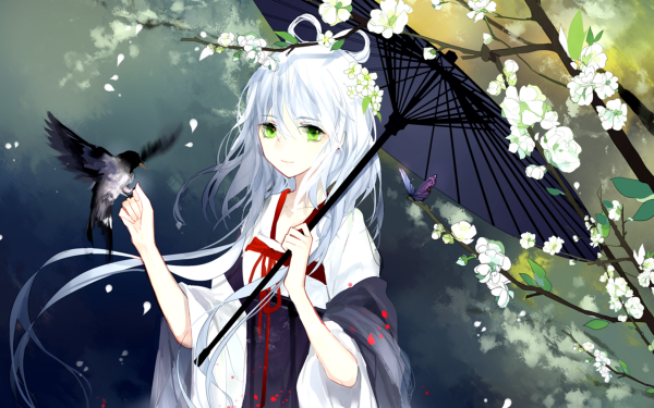 Anime Original White Hair Bird Green Eyes Flower Umbrella HD Wallpaper | Background Image