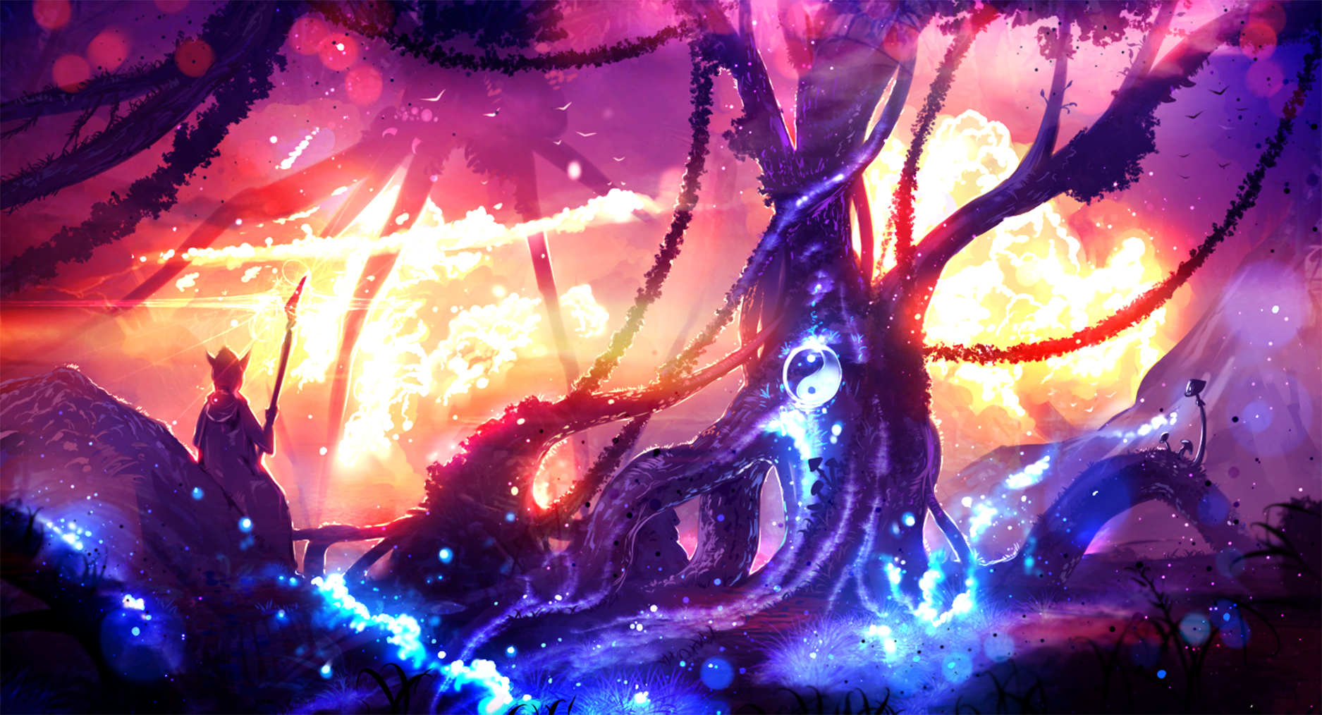 A vibrant fantasy anime landscape featuring ethereal sunlight filtering through a mystical tree. A lone figure stands with a staff, basking in the enchanted glow. HD desktop wallpaper background.