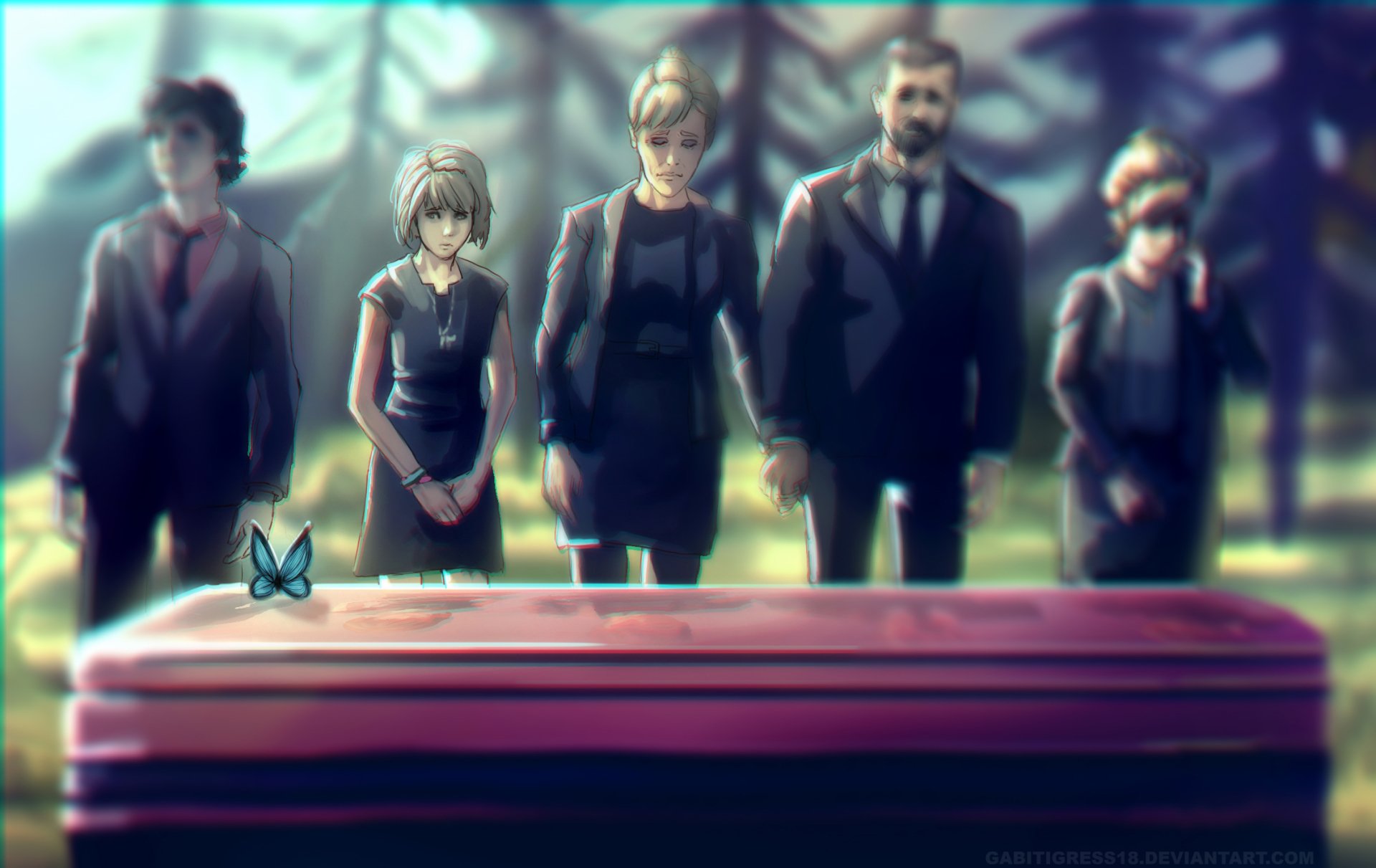 HD desktop wallpaper featuring Life Is Strange characters Kate Marsh, David Madsen, Joyce Price, Warren Graham, and Max Caulfield in a somber outdoor setting.