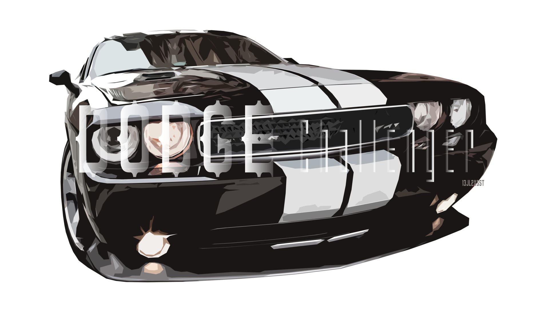 HD desktop wallpaper of a black Dodge Challenger SRT8 with white racing stripes, showcasing the front and side profile of the car.