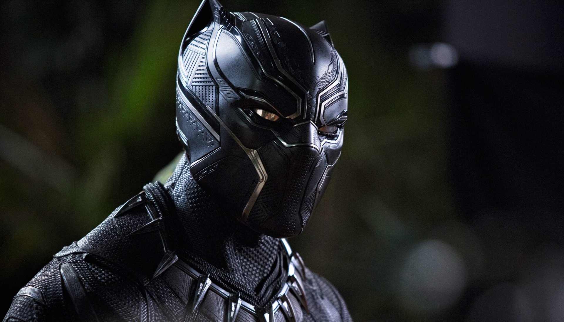 HD desktop wallpaper of Black Panther, featuring the character in his iconic black suit from the movie. The detailed background adds depth to this striking image.