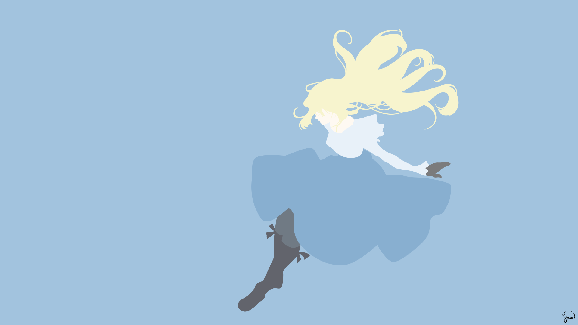 A minimalist illustration of Violet Evergarden, featuring her flowing blonde hair and elegant dress, set against a soft blue background. An HD anime wallpaper celebrating the character's grace.