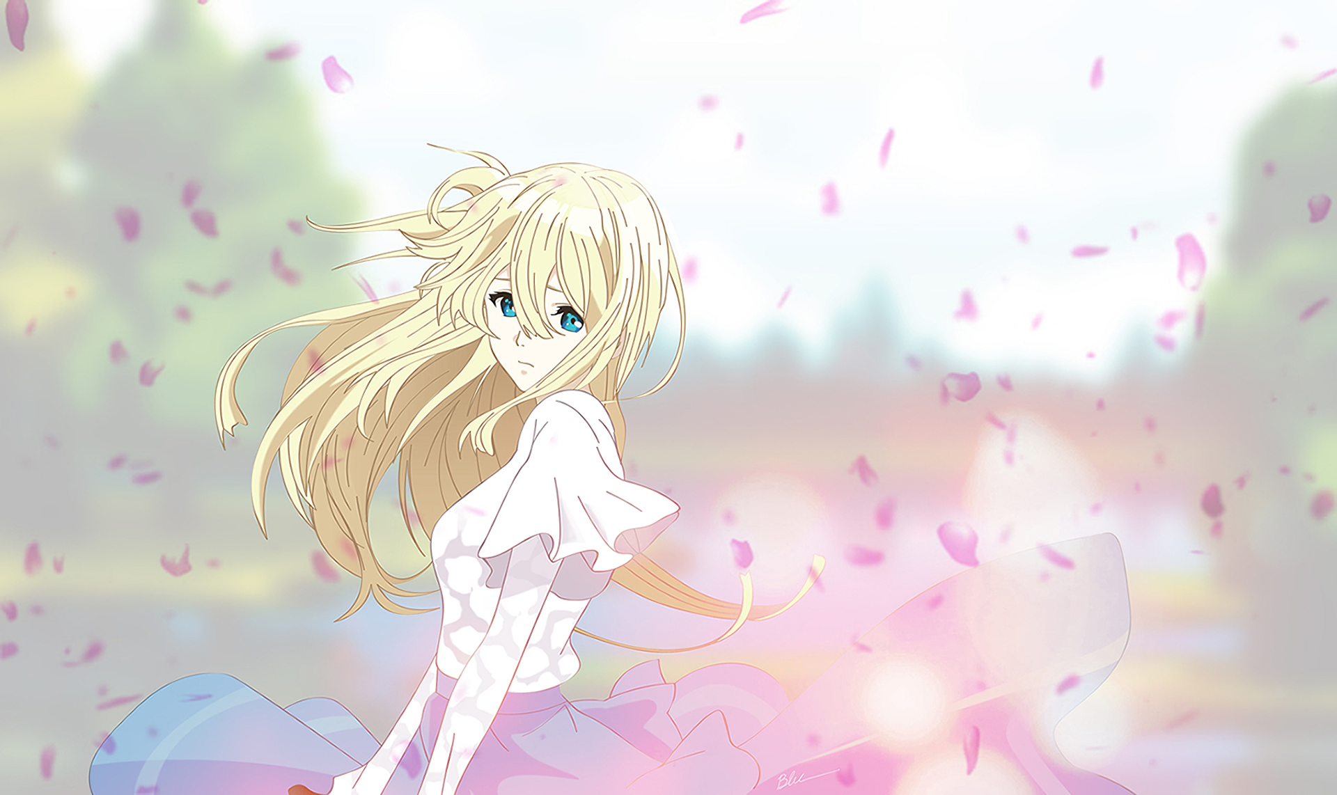 HD desktop wallpaper featuring the anime character Violet Evergarden in a serene outdoor setting, surrounded by pink petals floating in the air.