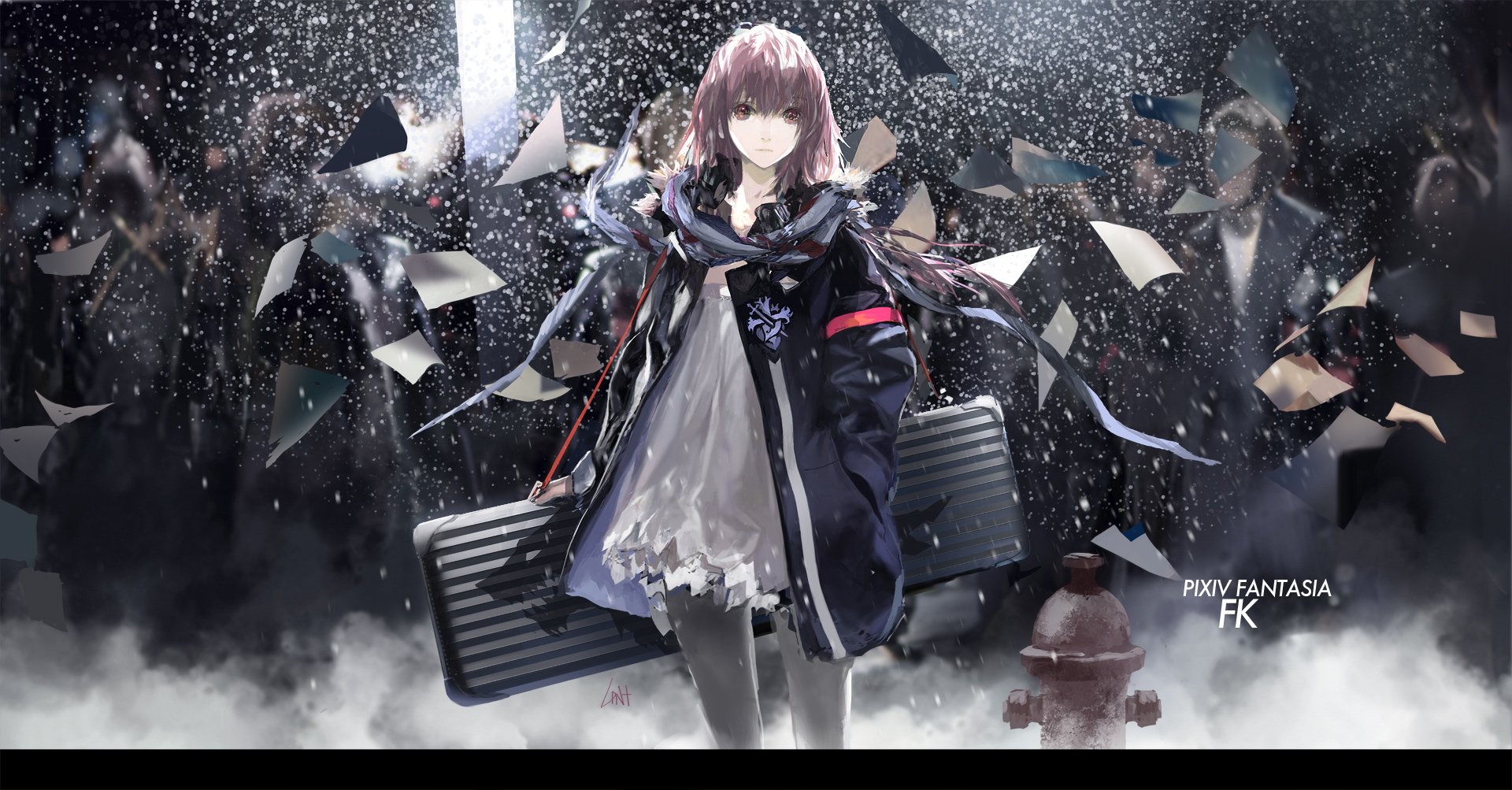 Anime HD PC desktop wallpaper and background — Pixiv Fantasia Fallen Kings: lone girl in a dark coat carrying a large case amid falling snow and drifting papers.